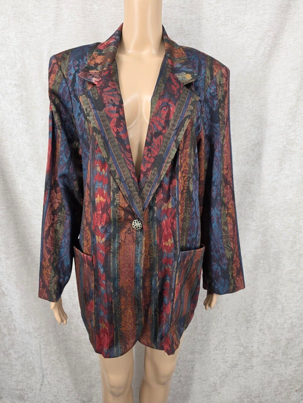 Vintage Floral Jacquard Damask Striped Blazer Jacket #1